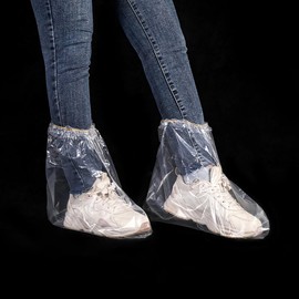 Disposable PE Waterproof Shoe Covers, Thickened Non-Slip Rain Boot Covers Wear-Resistant Plastic Overshoes for Men and Women for Outdoor and Indoors, 10 Pairs (Transparent, 11.8 x 15.4 inches)