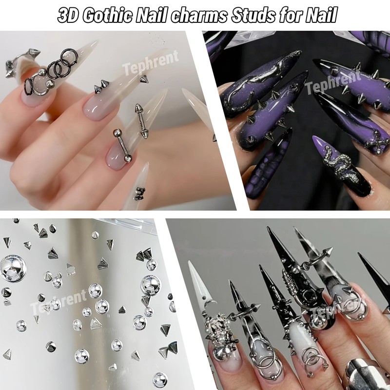 12Grids Nail Piercing Charms Silver Charms for Nails Metal Punk