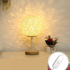 Desk Lamp Bamboo Wood USB Charging Rattan Ball Shape LED Night Light for Dormitory Bedroom Cream 7.9in