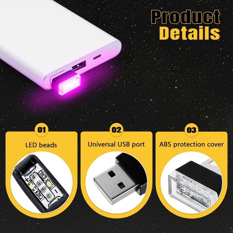 Wuyaoyao 4PCS USB LED Car Interior Atmosphere Lamp, Plug-in USB