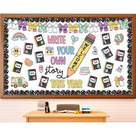 Back to School Bulletin Board Set Composition Notebook Classroom Decorations Colorful Welcome Bulletin Board Pencil Bow Cutouts for First Day of School Office Home Chalkboard Wall Door Decor
