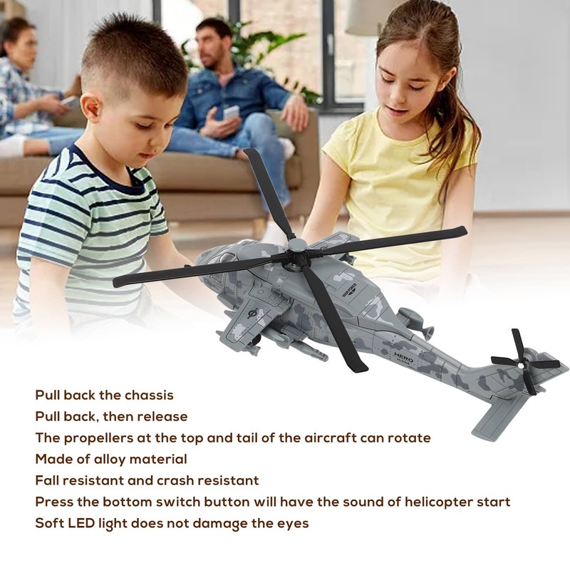 Diecast Metal Helicopter Model Sound Light Pullback Alloy Fighter Aircraft
