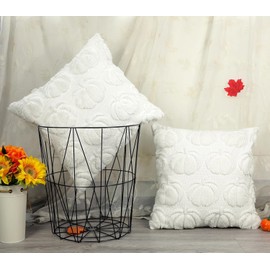 Fall Pillow Covers 18 x 18 Set of 2, Decorative Autumn Pumpkin Pattern Throw Pillow Cases, Soft Plush Faux Fur Wool Couch Cushion Case for Chair Sofa Bedroom Living Room Home Decor, Cream White