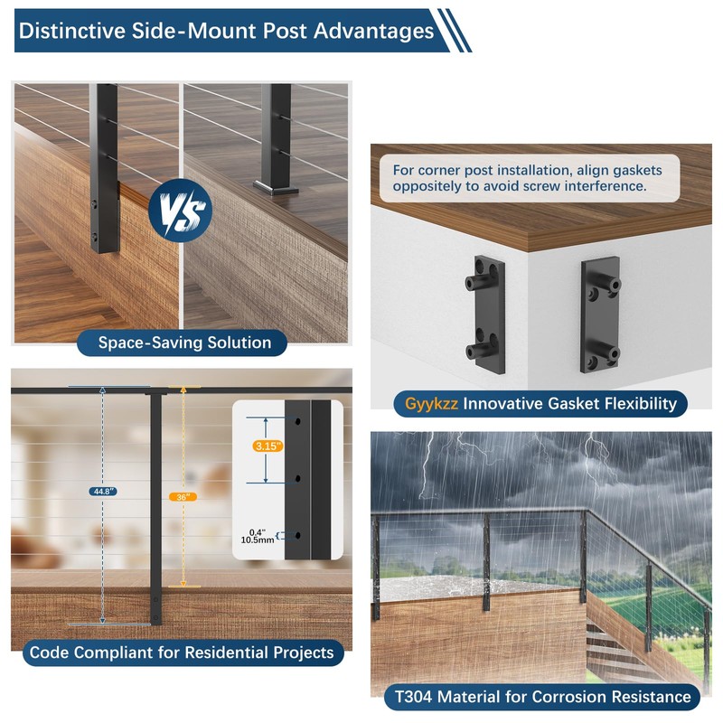 Gyykzz 36" Side Mount Cable Railing Post, Level Drilled Space-Saving