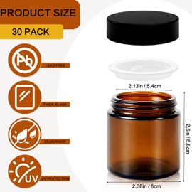 Nexboraque 30 Pack 4oz Small Glass Jars with Black Lids, Round Amber Cosmetic Container with Inner Liners for Lotion, Cream, Ointments, Makeup, Eye shadow, Rhinestone, Samples, Pot, Travel Storage