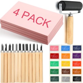 Lanties 32 Pack Rubber Block Stamp Making Kit Include 4 Carving Blocks 15 Ink Pads for Stamps 12 Hobby Knife and 1 Rubber Roller Brayer for Printmaking Supplies Starter Kit