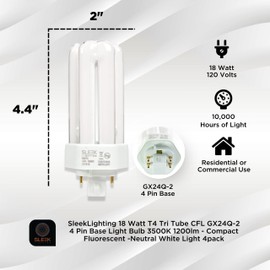 SLEEKLIGHTING 18 Watt T4 Tri Tube CFL 4 Pin GX24Q-2 Base Light Bulb 3500K 1200lm - Compact Fluorescent -Neutral White Light 4pack…
