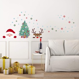 WALPLUS Peeking Santa & Rudolph with Christmas Tree Christmas Decorations Peel and Stick Wall Window Stickers Gift Home Living Room Xmas Gift