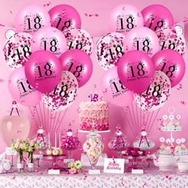 Pink 18th Birthday Balloons 18Pcs Pink Hot Pink Confetti Happy 18th Birthday Latex Balloons Hot Pink 18th Birthday Party Decorations for Girls Boys 18th Birthday Anniversary Party Supplies 12 inch