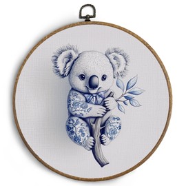 KTYHD Blue and White Chinoiserie Koala Bow Round Wall Art, Koala Gifts for Koala Lovers, Grandmillennial Home Decor Canvas Wall Art, Farmhouse Blue and White Chicken Wall Art Decor for Home Living Room