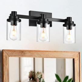 MELUCEE 3-Light Bathroom Light Fixtures Matte Black, Farmhouse Vanity Lighting with Clear Glass Shade Bathroom Bar Light Fixtures for Kitchen Bedroom Hallway, 23.6 Inches Length