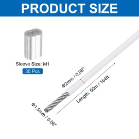 QUARKZMAN 164 ft (50 m) Wire Rope 304 Stainless Steel Cable 5/64 Inch (2 mm) Vinyl Coated with 30 Aluminium Sleeves for Hanging Washing Lines, Lifting, White