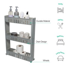 Simplify 3 Tier Slim Slide Out Storage Cart | Multi-Purpose Organization | Rolling | Wheels | Small Space | Laundry Room | Kitchen | Bathroom | Office | Grey