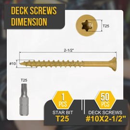 DTGN #10x2-1/2 Deck Screws - 50Pack - Good for Decks, Fences, Frames, Farms, Outdoor Furniture - Carbon Steel Wood Screws W/ T25 Torx Star Drive Bit - Tan