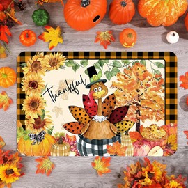 Auch Thanksgiving Fall Kitchen Mat Buffalo Plaid Kitchen Rugs, Turkey Sunflower Pumpkin Runners for Decor Hallways, Sink, Laundry Room, Floor Carpet Non Slip Washable (19.7x31.5 Inch)