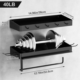 ZUNTO Garage Paper Towel Holder with 2 Shelves, Black Paper Towel Holder with Hooks, Wall Mount Paper Towel Rack for Organization and Storage, Drilling