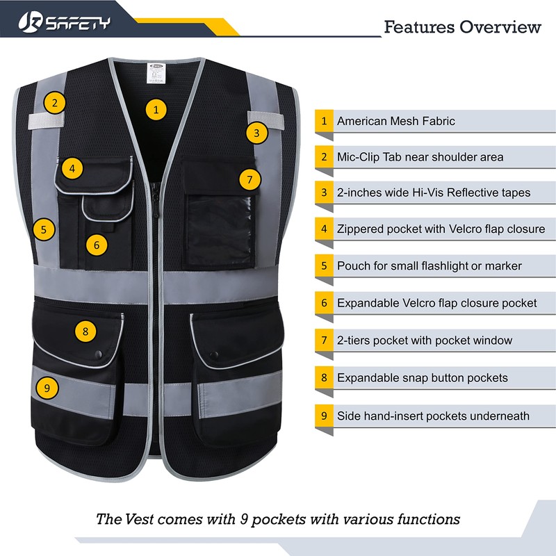 JKSafety 9 Pockets High Visibility Safety Vest for Men and