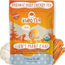 High Caffeine Mushroom Tea (155 mg) – Kubo Tea: Organic Lion’s Mane Chai Black Tea Bags for Clean Energy & Focus | Healthy Coffee Substitute | Mushroom-Infused Blend | 20 Ct | Compostable Packaging