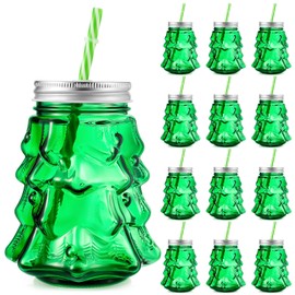 Yetene 6 Pcs Christmas Tree Glasses Cups 19 oz Candy Mason Jar with Lids and Straw Reusable Christmas Drinkware Cookie Storage Holiday Tumbler Mug for Xmas Party Gift