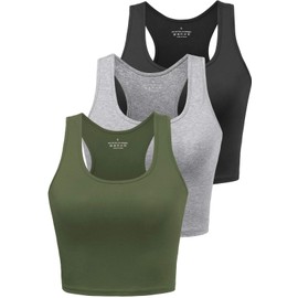 Porvike Sports Crop Tank Tops for Women Cropped Athletic Yoga Tops Racerback Running Tanks Cotton Workout Shirts Sleeveless Undershirts Exercise Gym Clothes 3 Pack Black/Grey/Army Green L