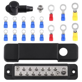 Tanstic 12 Terminal Power Distribution Block with Ring Terminals, 12 Terminals Bus Bar 1/4 Inch Stud, 12 x M4 (#8) Terminal Screws, Black