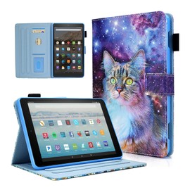KEROM Case for Fire HD 8 Tablet (8th/7th/6th Generation, 2018/2017/2016 Release), Premium PU Leather Folio Stand Cover Case for Fire HD8 Tablet 8th/7th/6th Generation, Auto Sleep/Wake, Space Cat