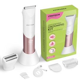 PRITECH Bikini Trimmer for Women, 2-in-1 Rechargeable Electric Razors for Women, Waterproof Bikini Shaver for Pubic Hair, Legs, Arms, Underarms, Electric Trimmer with Ceramic Blades, Travel Lock