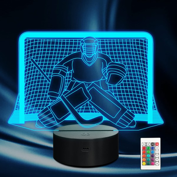 Ammonite Ice Hockey Night Light, Hockey Goalie 3D lamp 16 Color Changing with Remote Control and Timer, Mens Ice Hockey Decor Light Birthday Christmas Gifts for Kids Boys Girls Sports Fan