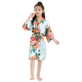 EQIQU Kids Girl's Silky Satin Kimono Robe for Spa Wedding Birthday Party Child Children's Gifts Flower Light Blue 10