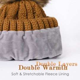 FURTALK Winter Beanie Hat Women's Cotton Lined Faux Fur Pom Pom Hats Women Warm Knitted Skull Blanket, brown