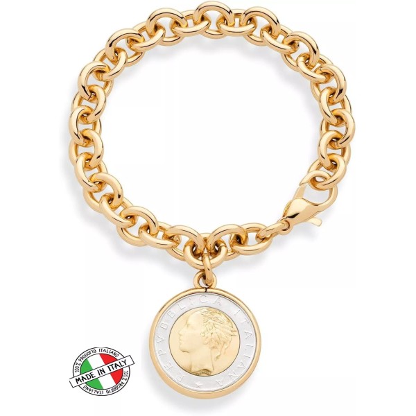 Link Italian Genuine 500-Lira Coin Charm Rolo Link Chain Bracelet