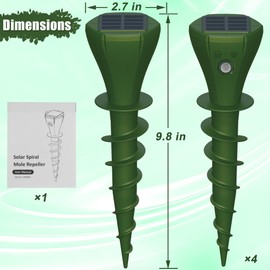 Phosooy - Paquete de 4 repelentes solares de topos, dispositivo de disuasión de Gopher con motor vibratorio y estaca de tierra con taladro en espiral, IP65 impermeable, repelentes de plagas para el