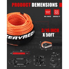 FIERYRED 3/16inch 50FT 8500LBS Synthetic Winch Rope Cable Kit with Forged Hook Rubber Stopper and Fairlead,Winch Line Replacement for 2000-3500LBS Winch, ATV, UTV, Offroad