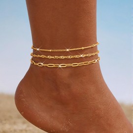 LOYALLOOK Ankle Bracelets for Women Waterproof, 14K Gold Plated Paperclip Twist Chain Anklets Non Tarnish, Dainty Layered Anklet Bracelets Adjustable Summer Beach Foot Jewelry ZZ