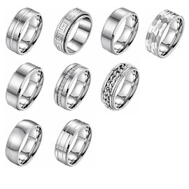 Eowppue 9pcs Stainless Steel Rings,Men's Silver Rings Stainless Steel Spinner Fidget Ring,Spinner Ring Collection