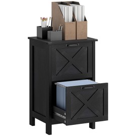 HOMCOM 2 Drawer Vertical File Cabinet with Silent Slides, Rustic Farmhouse Filing Cabinet with Barn Doors for A4/Letter Size, Printer Stand with Storage for Home Office, Distressed Black