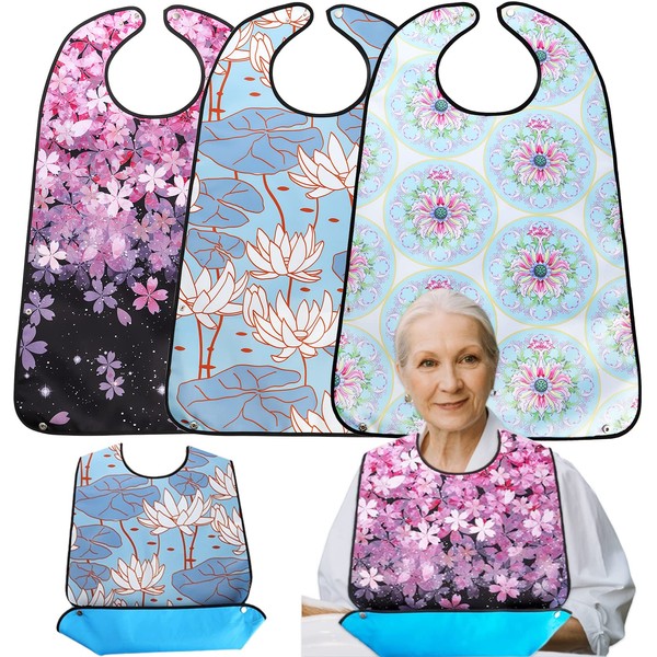 Yesland 3 Pack Adult Bibs for Elderly, Washable and Waterproof Bibs 30 x 19.5 Inch Clothing Protectors with Optional Crumb Catcher for Women Men Seniors Eating During Mealtime - Cherry Blossoms