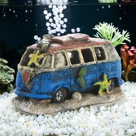 SPICLOCK Fish Tank Decorations.Resin Wreckage Aquarium Decor Car Bus Beetle RV Wreckage Betta Fish Tank Accessories (Blue Khaki-Bus)