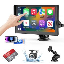 Portable Wireless Carplay Screen for Car Apple Carplay & Android Auto, 9" HD Touch Screen Car Stereo with 1080P Backup Camera/GPS Navigation/Mirror Link/Voice Control/Aux/TF Card Fits Cars