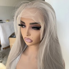 WigsA Heat Resistant Hair Silver grey Lace Front Wigs Natural Long Straight