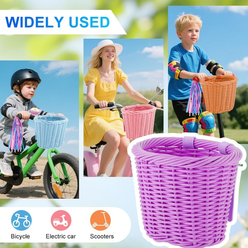 Fouvin Children's Bicycle Basket, Braided, Front, Removable, with Bells, Streamers,