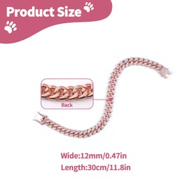 12 Inch Cuban Link Dog Collar, Rose Gold Crystal Pet Chain Necklace, Metal Pet Necklace with Safety Buckle Lock, for Small Medium Large Dogs Cats