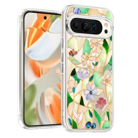 Unov Case Compatible with Pixel 9 Pro XL Case Clear with Design Soft TPU Shock Absorption Slim Embossed Pattern Protective Back Cover (Stained Glass Flower)