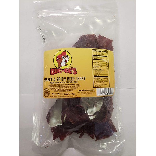 Buc-ee's Beef Jerky - Sweet & Spicy Beef Jerky Recipe Made in Texas From Solid Beef Strips Ready To Eat in Reusable Snack Bags 4 Oz.