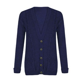LUXE DIVA New Womens Everyday Long Sleeve Button Top Ladies Chunky Aran Cable Knit Grandad Cardigan UK Size 8-26 Navy