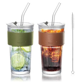 Joeyan Glass Tumblers with Lids and Glass Straws,Ribbed Vintage Ice Coffee Cup with Leather Sleeve,Clear Water Smoothie Cocktails Soda Milk Drinking Glasses,20 oz,Set of 2,Dishwasher Safe
