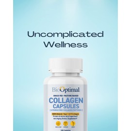 BioOptimal Collagen Peptides Capsules - Grass-Fed, Pasture-Raised Hydrolyzed Protein Supplement for Skin, Hair, & Nails - Non-GMO, Zero Sugar Daily Pills for Men & Women (180 Capsules)