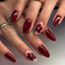 LunarCharm 24 Stück Weinrote Press On Nails Zum Aufkleben, Rote Blumen künstliche Nägel, Langlebige Fake Nails Für DIY Nagelkunst, Für Partys, Hochzeiten Und Mehr