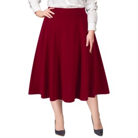 Moon Wood Women's Plus Size Midi Skirt High Elastic Waist A-Line Flared Skater Skirts with Pockets Burgundy
