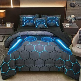 Game Console Blue Comforter Set with Sheets, 6 Pcs Bed in A Bag Geometric Lightweight Boys Full Size Bedding Set for Kids Teens